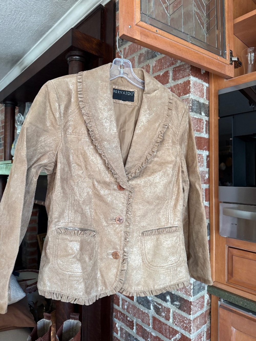 BERNARDO Leather Blazer Metallic Tan Button Ruffle Trim Jacket Medium